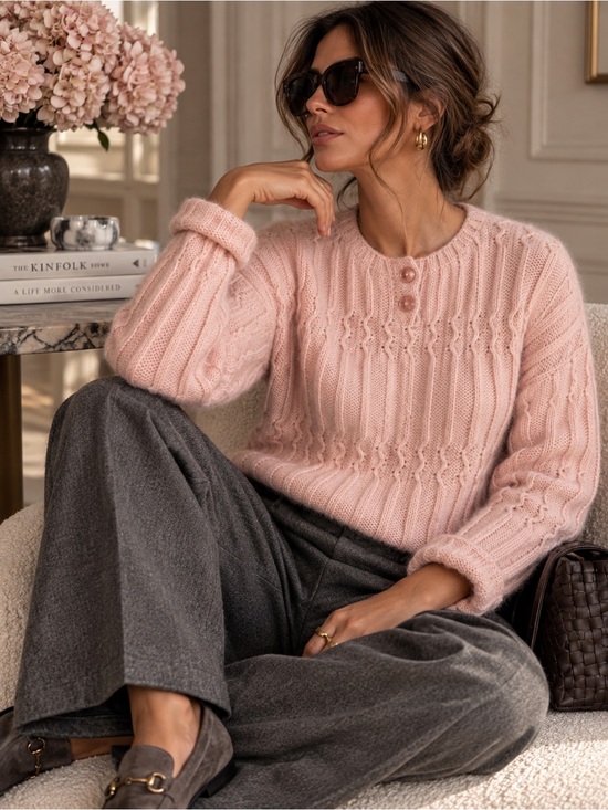 The Limited Sweaters - Vintage The Limited Angora Lambswool Cable Knit Pink Sweater Made USA